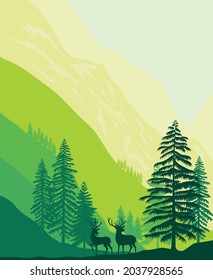 Mountains landscape with forest illustration