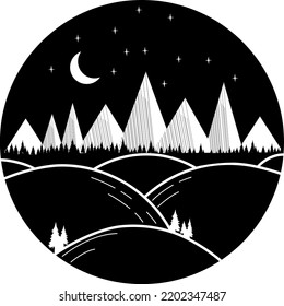 Mountains landscape with forest, moon, star  Hand drawn vintage vector Outline Illustration. Graphic sketch for tattoo, poster, clothes, t-shirt design