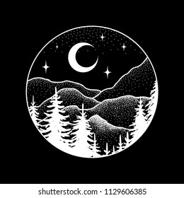 Mountains landscape with forest, moon and stars. Hand drawn vintage vector Dotwork Illustration. Graphic sketch for tattoo, poster, clothes, t-shirt design, pins, badges, stickers and coloring book