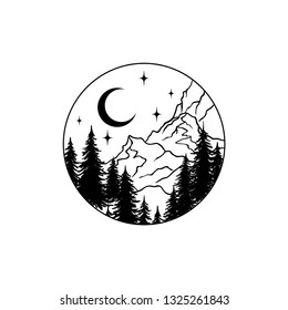 Mountains Landscape Forest Moon Stars Hand Stock Vector (Royalty Free ...
