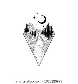 Mountains landscape with forest, moon and stars. Hand drawn vintage vector Dotwork Illustration. Graphic sketch for tattoo, poster, clothes, t-shirt design, pins, badges, stickers and coloring book