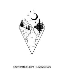 Mountains landscape with forest, moon and stars. Hand drawn vintage vector Dotwork Illustration. Graphic sketch for tattoo, poster, clothes, t-shirt design, pins, badges, stickers and coloring book