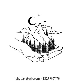 Mountains landscape with forest, moon and stars. Hand drawn vintage vector Engraving Illustration. Graphic sketch for tattoo, poster, clothes, t-shirt design, pins, badges, stickers and coloring book