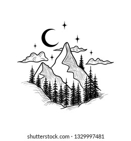 Mountains landscape with forest, moon and stars. Hand drawn vintage vector Engraving Illustration. Graphic sketch for tattoo, poster, clothes, t-shirt design, pins, badges, stickers and coloring book