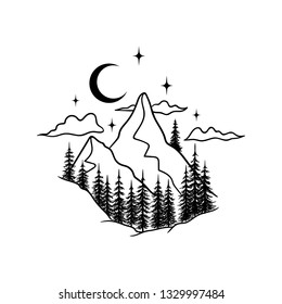 Mountains landscape with forest, moon and stars. Hand drawn vintage vector Engraving Illustration. Graphic sketch for tattoo, poster, clothes, t-shirt design, pins, badges, stickers and coloring book