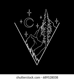 Mountains landscape with forest, moon and stars. Hand drawn vintage vector outline Illustration. Graphic sketch for tattoo, poster, clothes, t-shirt design, pins, badges, stickers and coloring book