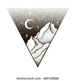 Mountains landscape with forest, moon and stars. Hand drawn vintage vector Dotwork Illustration. Graphic sketch for tattoo, poster, clothes, t-shirt design, pins, badges, stickers and coloring book