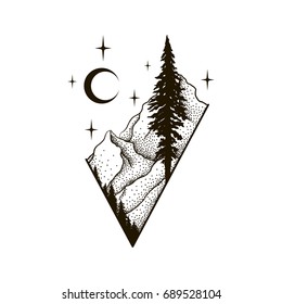 Mountains landscape with forest, moon and stars. Hand drawn vintage vector Dotwork Illustration. Graphic sketch for tattoo, poster, clothes, t-shirt design, pins, badges, stickers and coloring book