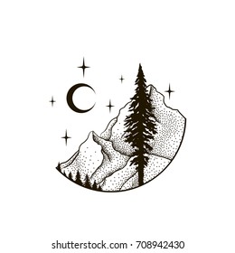 Mountains landscape and forest  moon   stars  Hand drawn vintage vector Dotwork Illustration  Graphic sketch for tattoo  poster  clothes  t  shirt design  pins  badges  stickers   coloring book