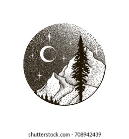 Mountains Landscape Forest Moon Stars Hand Stock Vector (Royalty Free ...