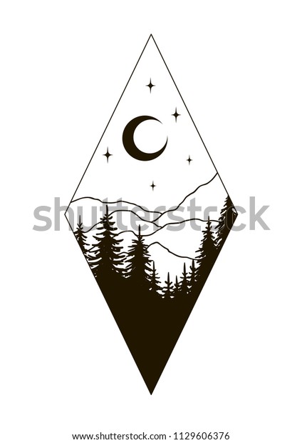 Mountains Landscape Forest Moon Stars Hand Stock Vector (Royalty Free ...