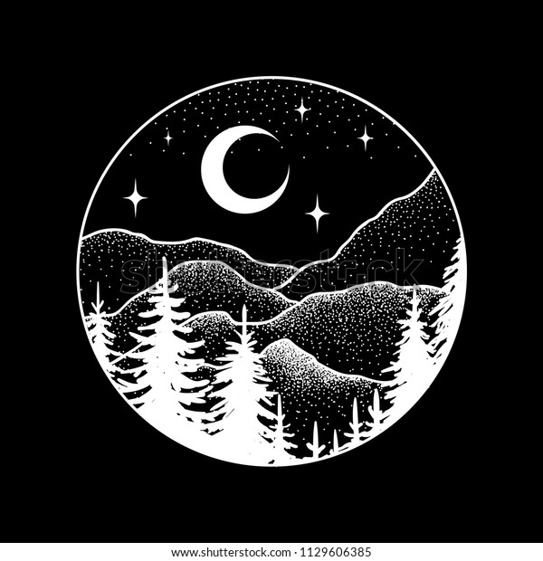 Mountains Landscape Forest Moon Stars Hand Stock Vector (Royalty Free ...