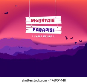 Mountains landscape with forest and sky and vacation poster illustration 