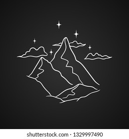 Mountains landscape with forest, stars and clouds. Hand drawn vintage vector Engraving Illustration. Graphic sketch for tattoo, poster, clothes, t-shirt design, pins, badges, stickers, coloring book