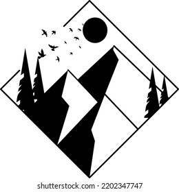 Mountains landscape with forest, sun . Hand drawn vintage vector Engraving Illustration.