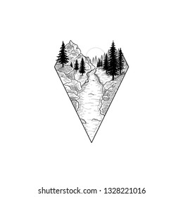 Mountains landscape with forest, sun and river. Hand drawn vintage vector Dotwork Illustration. Graphic sketch for tattoo, poster, clothes, t-shirt design, pins, badges, stickers and coloring book