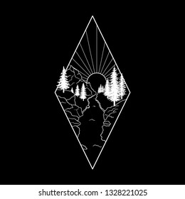 Mountains landscape with forest, sun and river. Hand drawn vintage vector Dotwork Illustration. Graphic sketch for tattoo, poster, clothes, t-shirt design, pins, badges, stickers and coloring book
