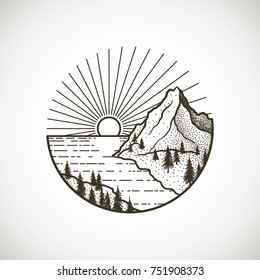 Mountains landscape with forest, sun and sea or ocean. Hand drawn vintage vector Dotwork Illustration. Graphic sketch for tattoo, poster, clothes, t-shirt design, pins, stickers and coloring book 