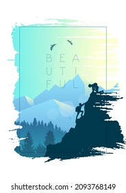 Berglandschaft. Der Rahmen der Pinselstriche. Wandern. Abenteuer. Reisekonzept der Entdeckung, Erkundung und Beobachtung der Natur. Polygonales minimalistisches grafisches Flachdesign. Vektorgrafik.