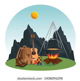 mountains landscape with guitar and firewood food