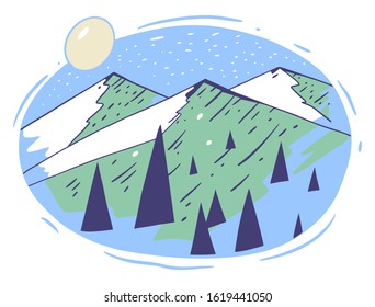 Mountains landscape. Hand drawn vector illustration. Cartoon style. Isolated on white background.