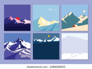 Mountains landscape horizon with forest background set. Outdoor and hiking adventure concept vector illustration.