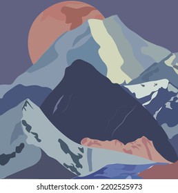 ilustración de montañas y paisajes con luna y nubes