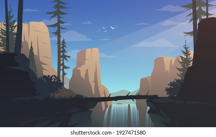 Mountains landscape illustration with waterfall
