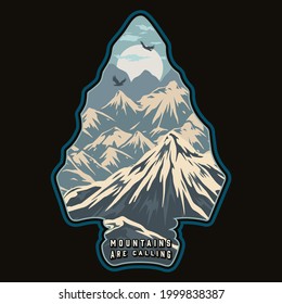 Mountains landscape inside arrrowhead silhouette in vintage style isolated vector illustration