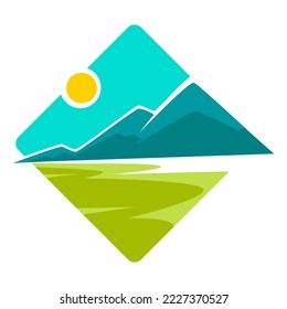 Mountains landscape isolated icon. Corporate identity template vector meadow valley emblems or logo sun nature and environment views rocks
