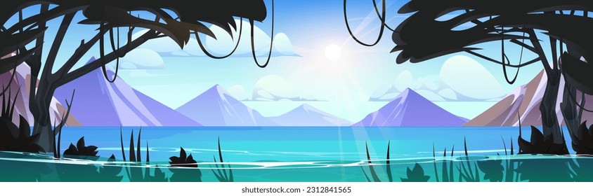 Mountains landscape with lake and forest. Nature scene background with trees and grass silhouettes, river water and rocks with snow, vector cartoon illustration