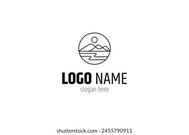 mountains landscape logo with lake in circle frame linear design style