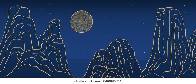 El paisaje montañoso, la luna, el fondo abstracto. Ilustración vectorial de estilo asiático tradicional. Arte de línea dibujada a mano. Concepto de diseño Festival de Mediados de Otoño, telón de fondo de Año Nuevo chino, tarjeta, afiche, cartel