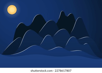 Mountains landscape and moon abstract geometric background. Asian style flat vector illustration. Design concept for Mid Autumn Festival, Chinese New Year backdrop, card, poster, banner