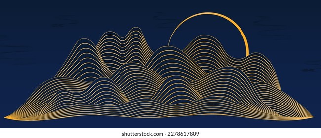 Montañas paisaje, luna, nubes fondo abstracto. Ilustración vectorial de estilo asiático. Arte de línea dibujada a mano. Concepto de diseño Festival de Mediados de Otoño, telón de fondo de Año Nuevo chino, tarjeta, afiche, cartel