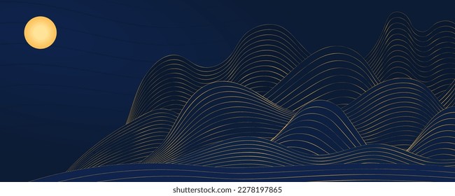 El paisaje montañoso, la luna, el fondo abstracto de las olas. Ilustración vectorial de estilo asiático. Arte de línea dibujada a mano. Concepto de diseño Festival de Mediados de Otoño, telón de fondo de Año Nuevo chino, tarjeta, afiche, cartel
