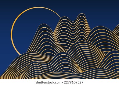 Mountains landscape, moon, waves abstract background. Asian style vector illustration. Hand drawn line art. Design concept Mid Autumn Festival, Chinese New Year backdrop, card, poster, banner