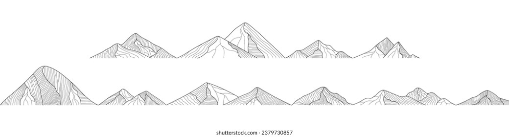 Paisaje de las montañas. Montaña en las artes de la línea. Colección de montañas para diseño de embalajes, tela e impresión. Logo de la montaña. Montaña