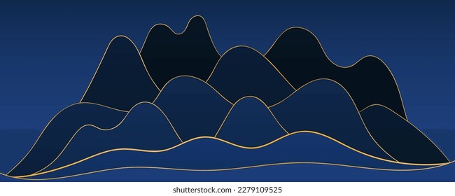 El paisaje de las montañas en el fondo geométrico abstracto nocturno. Ilustración vectorial plana de estilo asiático. Concepto de diseño para el Festival de Mediados de Otoño, fondo de Año Nuevo Chino, tarjeta, afiche, cartel