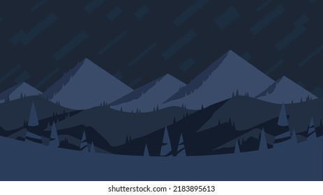 Mountains Landscape at Night, Flat Design EPS Vector. Mountain Snow Peaks And Hills at Midnight Horizontal Illustration. 