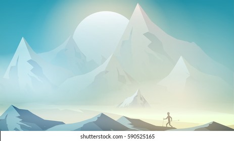 Mountains Landscape with Nordic Walking - Vector Illustration