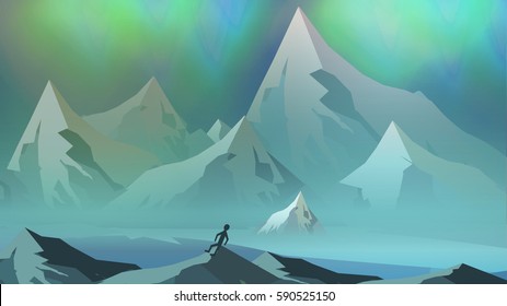 Mountains Landscape with Northern Aurora - Vector Illustration