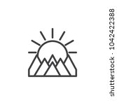 Mountains landscape on sunset outline icon. linear style sign for mobile concept and web design. The sun is behind mountains simple line vector icon. Symbol, logo illustration.