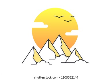 Mountains landscape on sunset stroke outline icon. The sun is behind mountains simple stroke line vector icon. Symbol, logo illustration. 
