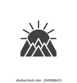 Mountains landscape on sunset vector icon. filled flat sign for mobile concept and web design. The sun is behind mountains simple solid icon. Symbol, logo illustration