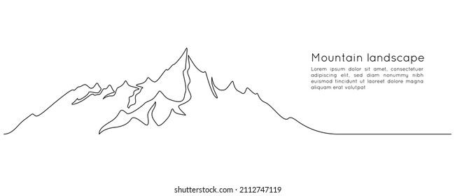 Mountains landscape in One continuous line drawing. Mounts with high peak in simple linear style. Adventure winter sports and outdoor tourism outline concept . Doodle vector illustration