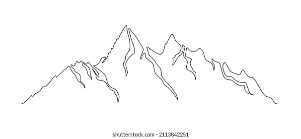 Mountains landscape in One continuous line drawing. Mounts with high peak in simple linear style. Adventure winter sports climbing and hiking tourism concept . Doodle vector illustration