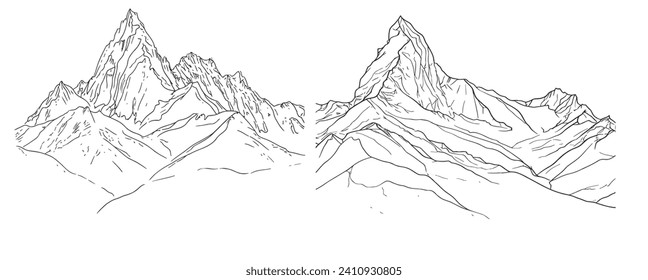 Mountains landscape in One continuous line drawing. Outline of isolated on white background. Monochrome vector illustration.