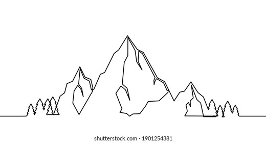 Mountains Landscape One Line Drawing. One Continuous Line Mountain And Coniferous Trees, Hand-drawn Illustration. Vector.