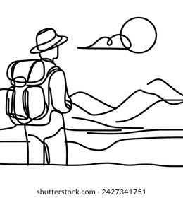 Mountains landscape one line drawing. Simple line mountain and coniferous trees